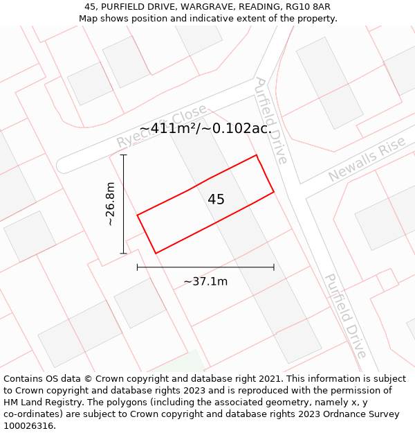 45, PURFIELD DRIVE, WARGRAVE, READING, RG10 8AR: Plot and title map