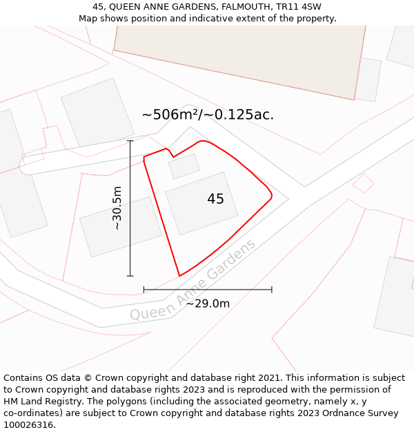 45, QUEEN ANNE GARDENS, FALMOUTH, TR11 4SW: Plot and title map