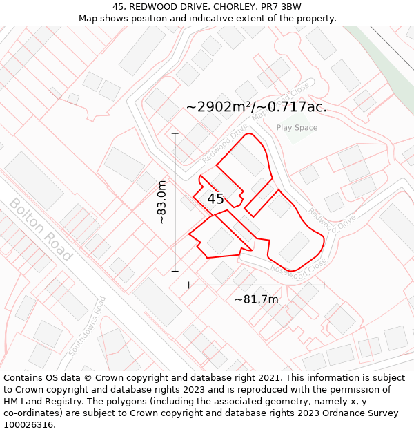 45, REDWOOD DRIVE, CHORLEY, PR7 3BW: Plot and title map