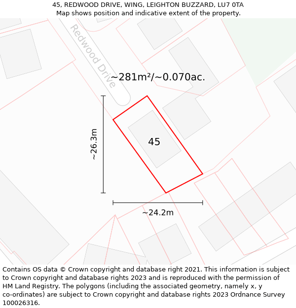 45, REDWOOD DRIVE, WING, LEIGHTON BUZZARD, LU7 0TA: Plot and title map