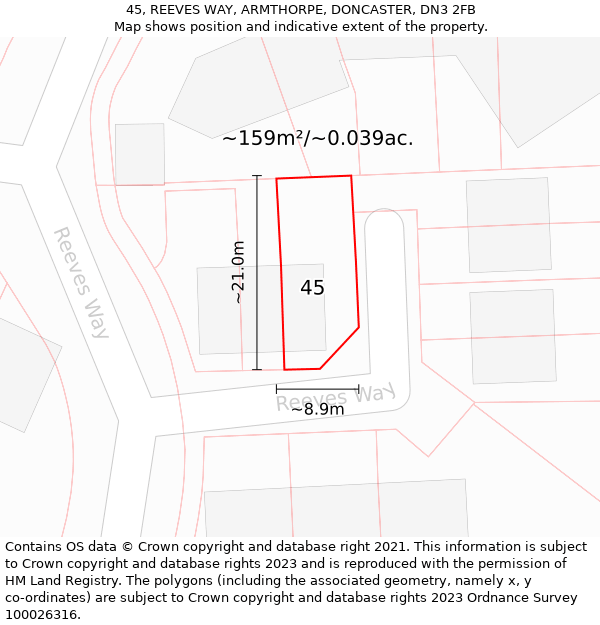 45, REEVES WAY, ARMTHORPE, DONCASTER, DN3 2FB: Plot and title map