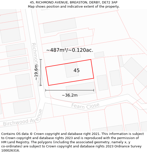 45, RICHMOND AVENUE, BREASTON, DERBY, DE72 3AP: Plot and title map