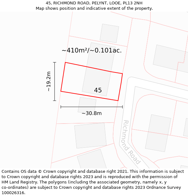 45, RICHMOND ROAD, PELYNT, LOOE, PL13 2NH: Plot and title map