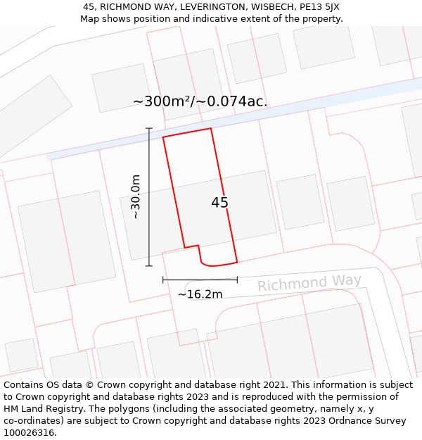 45, RICHMOND WAY, LEVERINGTON, WISBECH, PE13 5JX: Plot and title map