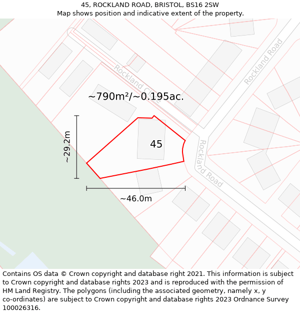 45, ROCKLAND ROAD, BRISTOL, BS16 2SW: Plot and title map