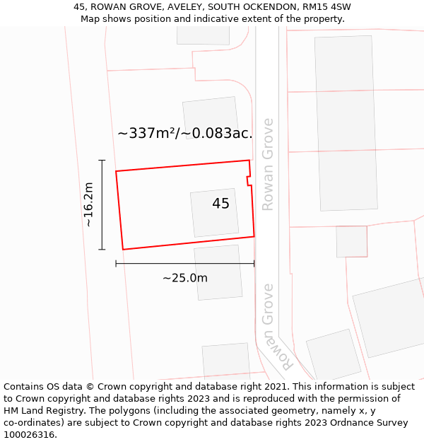 45, ROWAN GROVE, AVELEY, SOUTH OCKENDON, RM15 4SW: Plot and title map