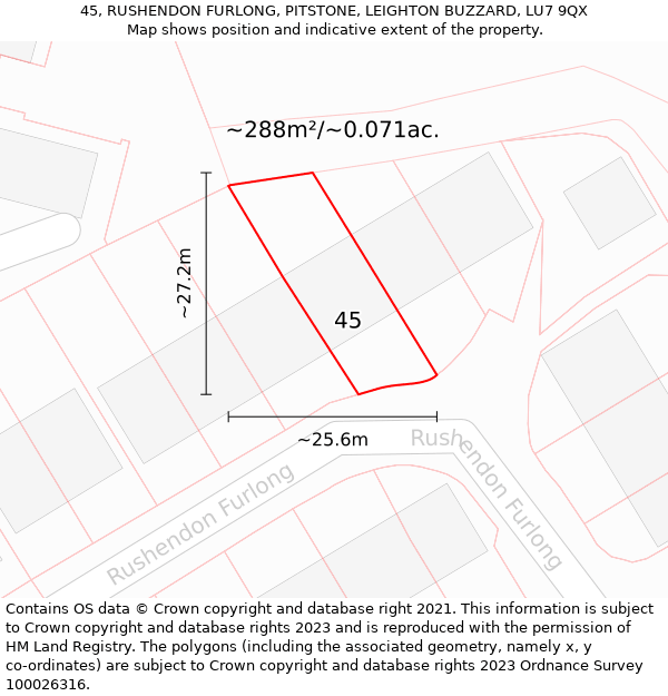 45, RUSHENDON FURLONG, PITSTONE, LEIGHTON BUZZARD, LU7 9QX: Plot and title map