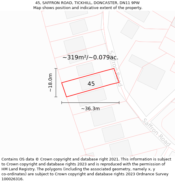 45, SAFFRON ROAD, TICKHILL, DONCASTER, DN11 9PW: Plot and title map