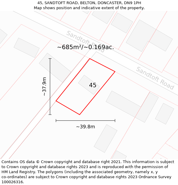 45, SANDTOFT ROAD, BELTON, DONCASTER, DN9 1PH: Plot and title map