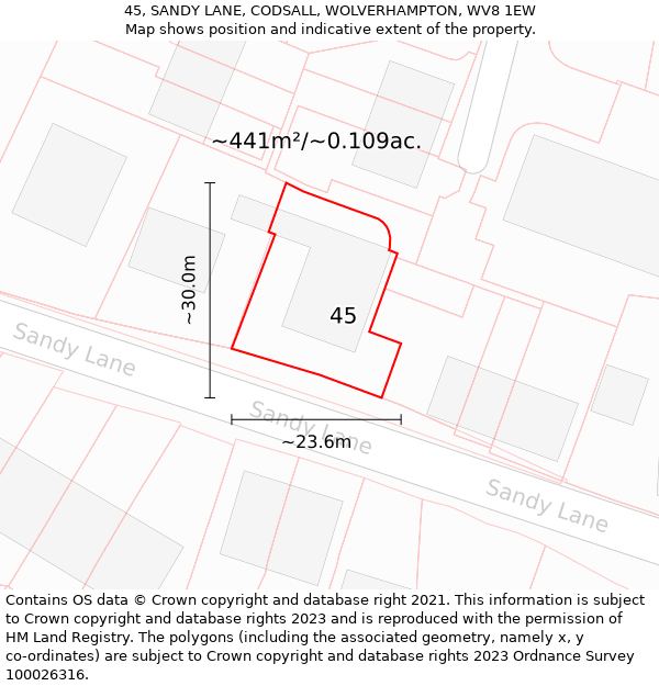 45, SANDY LANE, CODSALL, WOLVERHAMPTON, WV8 1EW: Plot and title map