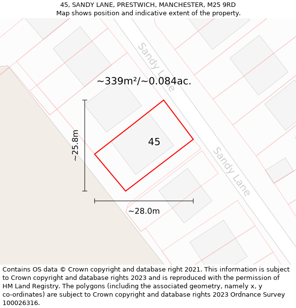 45, SANDY LANE, PRESTWICH, MANCHESTER, M25 9RD: Plot and title map