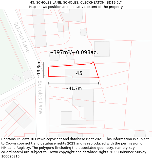 45, SCHOLES LANE, SCHOLES, CLECKHEATON, BD19 6LY: Plot and title map