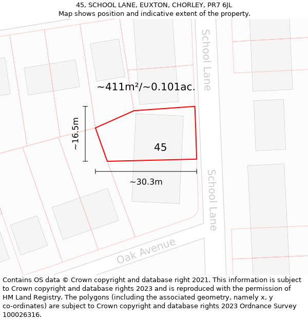 45, SCHOOL LANE, EUXTON, CHORLEY, PR7 6JL: Plot and title map