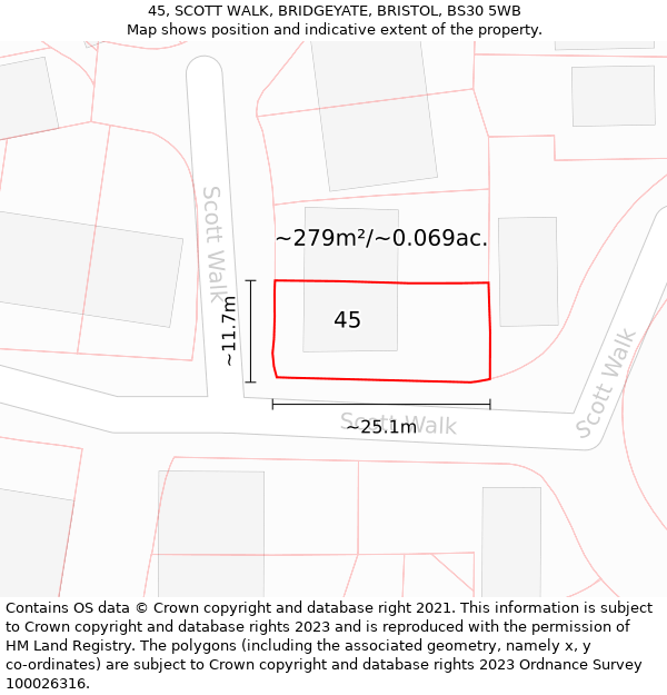 45, SCOTT WALK, BRIDGEYATE, BRISTOL, BS30 5WB: Plot and title map