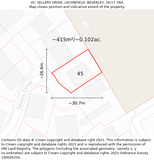 45, SELLERS DRIVE, LECONFIELD, BEVERLEY, HU17 7NA: Plot and title map