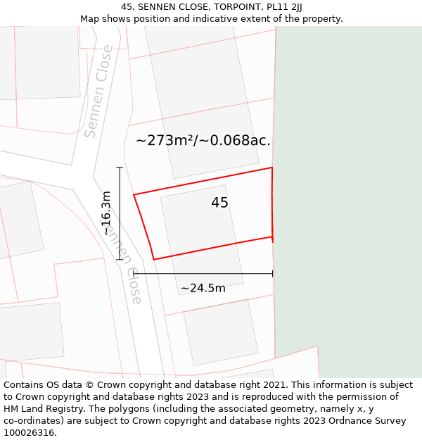 45, SENNEN CLOSE, TORPOINT, PL11 2JJ: Plot and title map