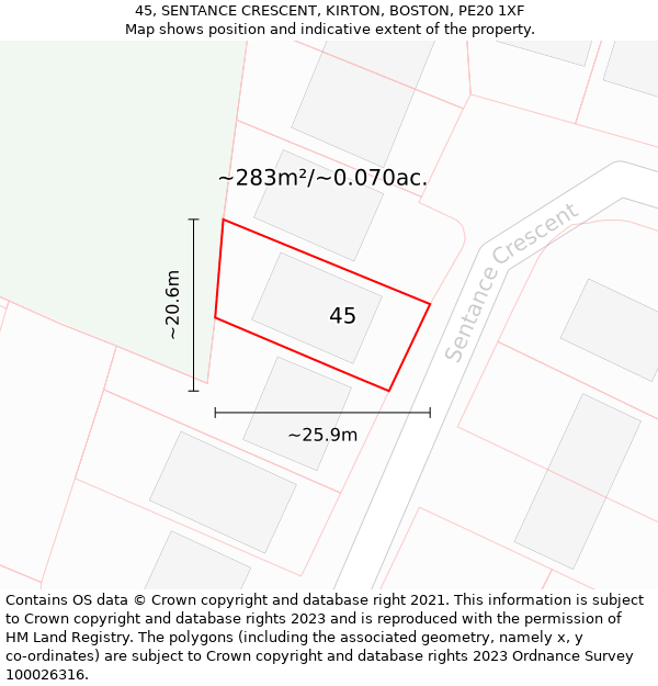 45, SENTANCE CRESCENT, KIRTON, BOSTON, PE20 1XF: Plot and title map