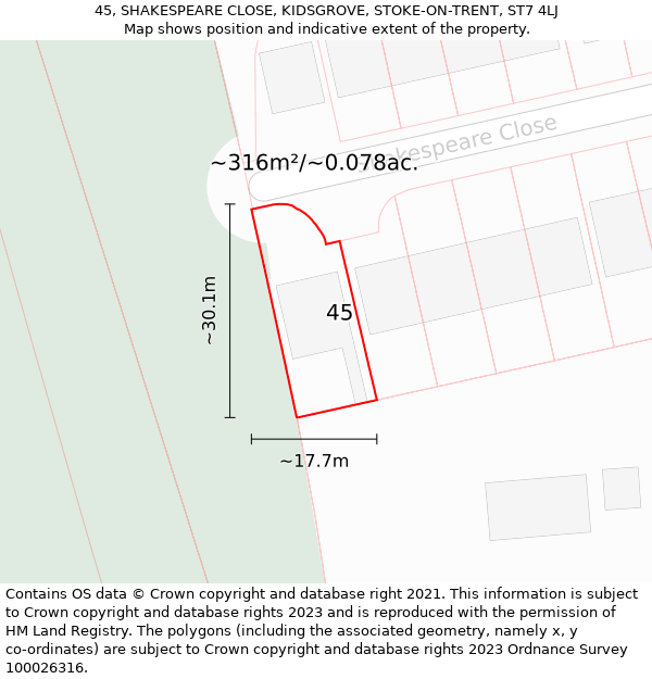 45, SHAKESPEARE CLOSE, KIDSGROVE, STOKE-ON-TRENT, ST7 4LJ: Plot and title map