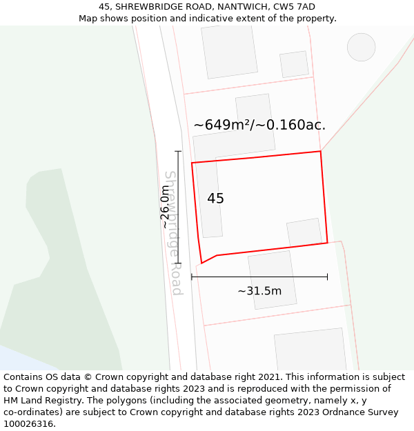 45, SHREWBRIDGE ROAD, NANTWICH, CW5 7AD: Plot and title map