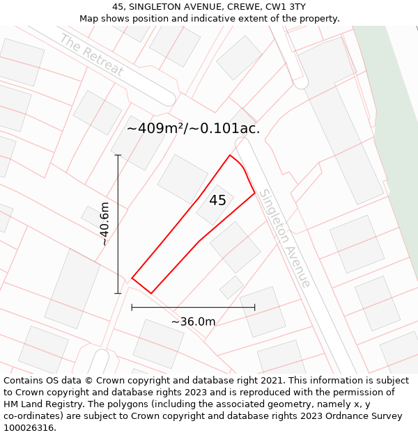 45, SINGLETON AVENUE, CREWE, CW1 3TY: Plot and title map