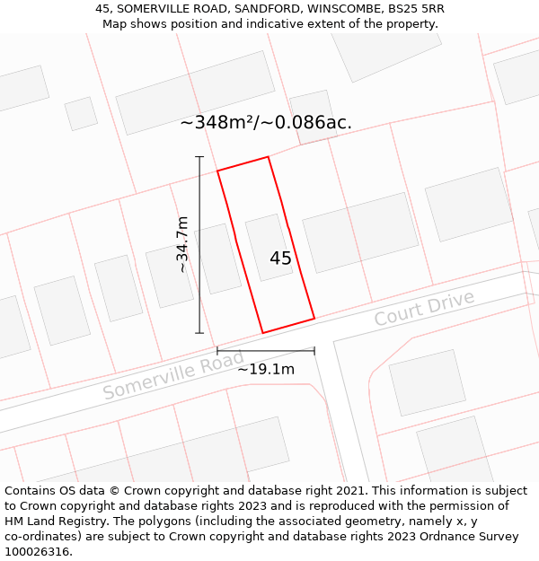 45, SOMERVILLE ROAD, SANDFORD, WINSCOMBE, BS25 5RR: Plot and title map