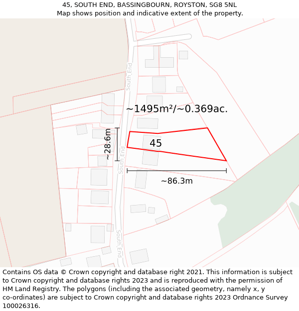 45, SOUTH END, BASSINGBOURN, ROYSTON, SG8 5NL: Plot and title map