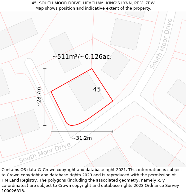 45, SOUTH MOOR DRIVE, HEACHAM, KING'S LYNN, PE31 7BW: Plot and title map