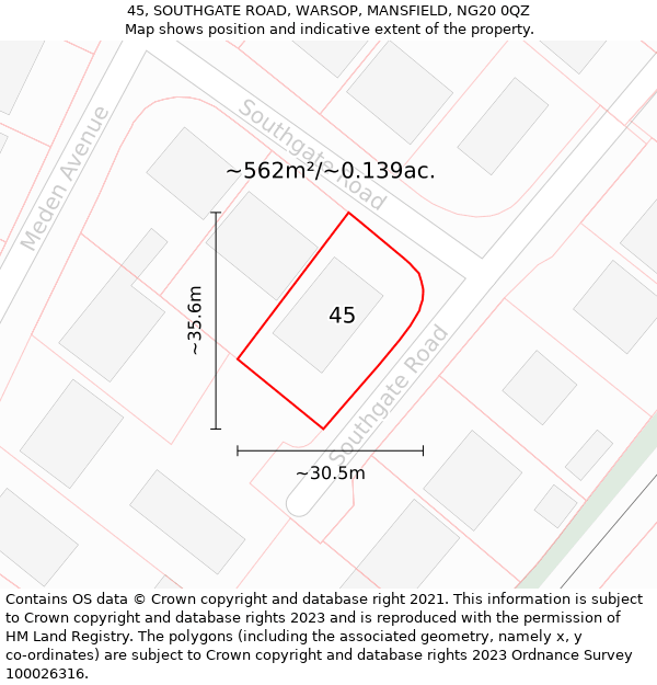 45, SOUTHGATE ROAD, WARSOP, MANSFIELD, NG20 0QZ: Plot and title map