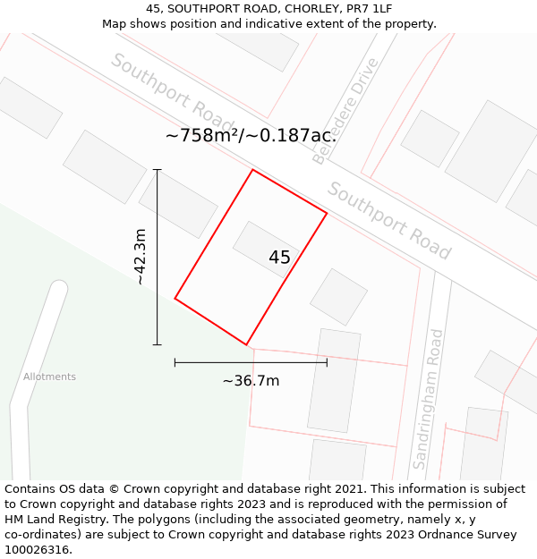 45, SOUTHPORT ROAD, CHORLEY, PR7 1LF: Plot and title map