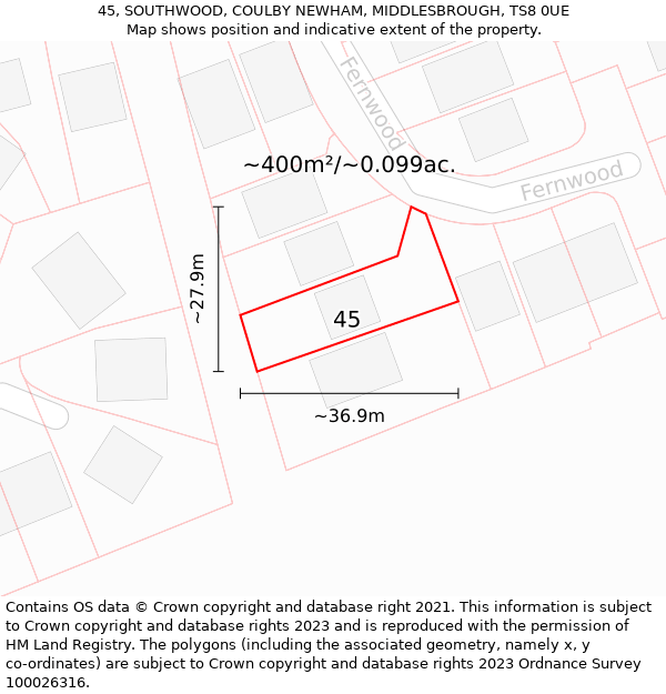 45, SOUTHWOOD, COULBY NEWHAM, MIDDLESBROUGH, TS8 0UE: Plot and title map