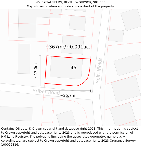 45, SPITALFIELDS, BLYTH, WORKSOP, S81 8EB: Plot and title map