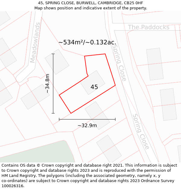 45, SPRING CLOSE, BURWELL, CAMBRIDGE, CB25 0HF: Plot and title map