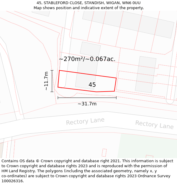 45, STABLEFORD CLOSE, STANDISH, WIGAN, WN6 0UU: Plot and title map