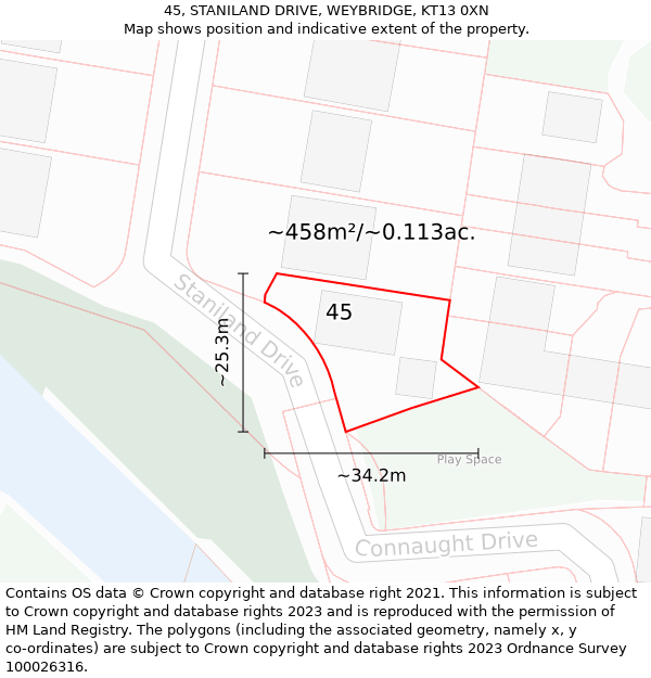 45, STANILAND DRIVE, WEYBRIDGE, KT13 0XN: Plot and title map