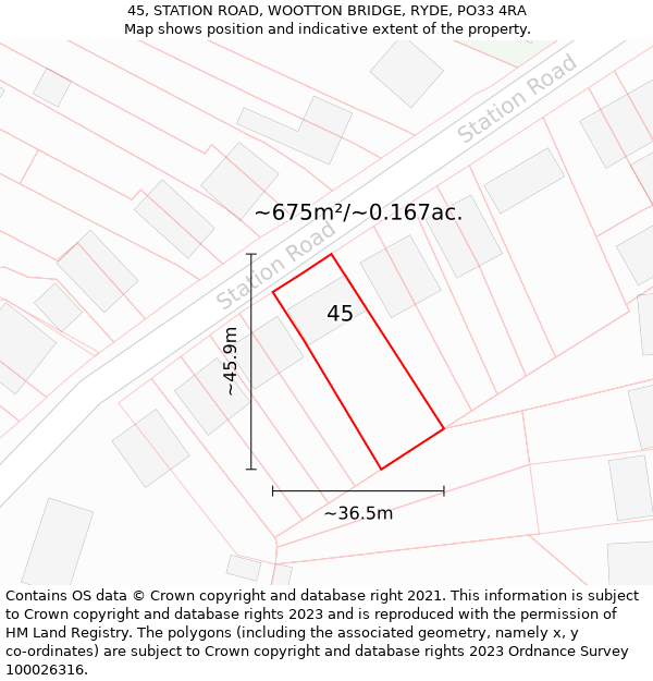 45, STATION ROAD, WOOTTON BRIDGE, RYDE, PO33 4RA: Plot and title map