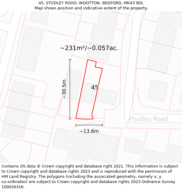 45, STUDLEY ROAD, WOOTTON, BEDFORD, MK43 9DL: Plot and title map