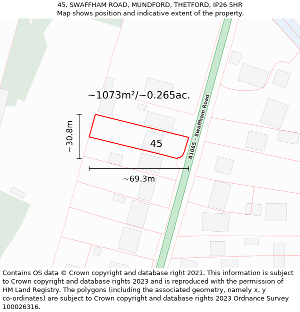 45, SWAFFHAM ROAD, MUNDFORD, THETFORD, IP26 5HR: Plot and title map