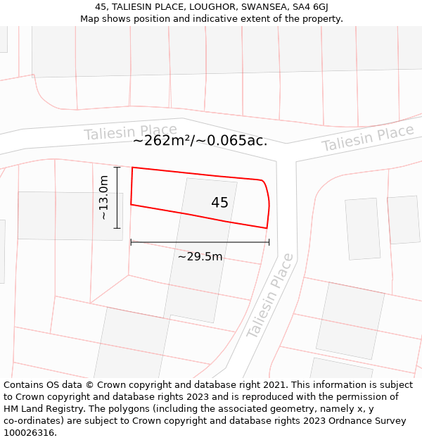 45, TALIESIN PLACE, LOUGHOR, SWANSEA, SA4 6GJ: Plot and title map