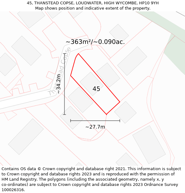 45, THANSTEAD COPSE, LOUDWATER, HIGH WYCOMBE, HP10 9YH: Plot and title map