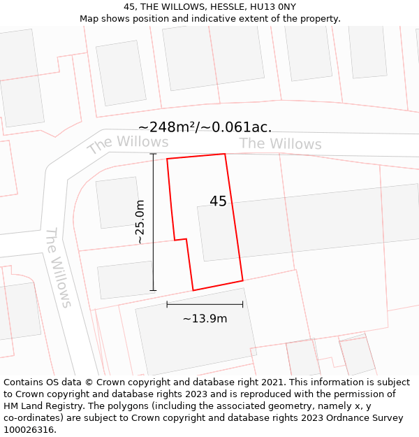 45, THE WILLOWS, HESSLE, HU13 0NY: Plot and title map