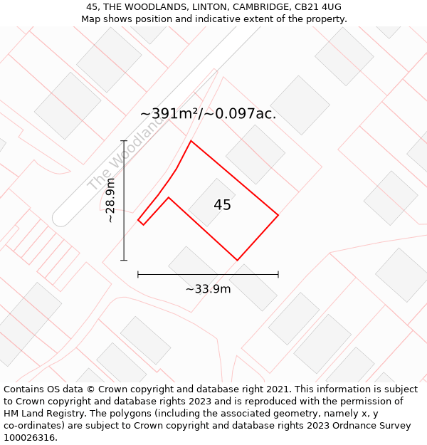 45, THE WOODLANDS, LINTON, CAMBRIDGE, CB21 4UG: Plot and title map