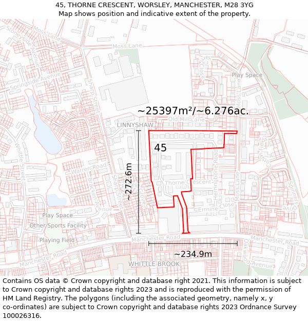 45, THORNE CRESCENT, WORSLEY, MANCHESTER, M28 3YG: Plot and title map