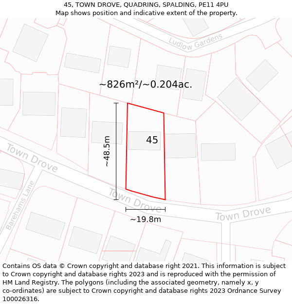 45, TOWN DROVE, QUADRING, SPALDING, PE11 4PU: Plot and title map