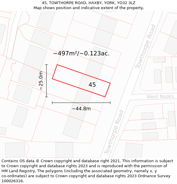 45, TOWTHORPE ROAD, HAXBY, YORK, YO32 3LZ: Plot and title map