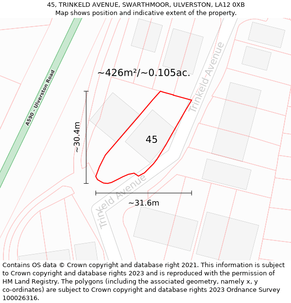 45, TRINKELD AVENUE, SWARTHMOOR, ULVERSTON, LA12 0XB: Plot and title map