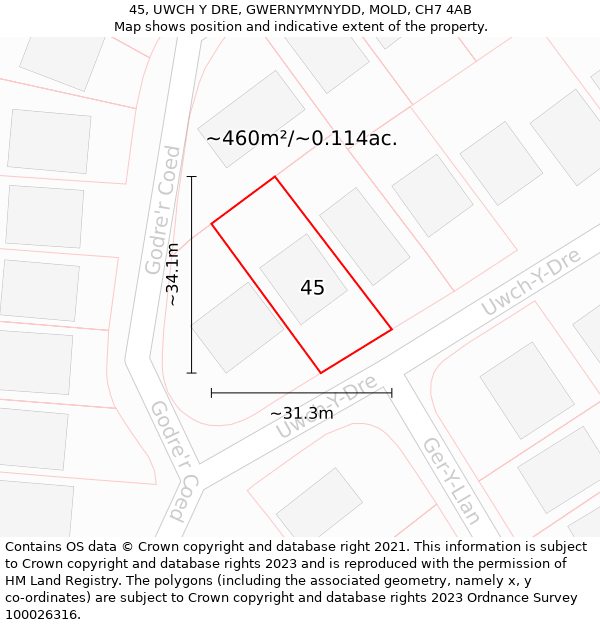 45, UWCH Y DRE, GWERNYMYNYDD, MOLD, CH7 4AB: Plot and title map