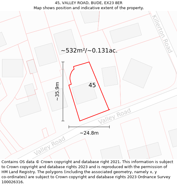 45, VALLEY ROAD, BUDE, EX23 8ER: Plot and title map