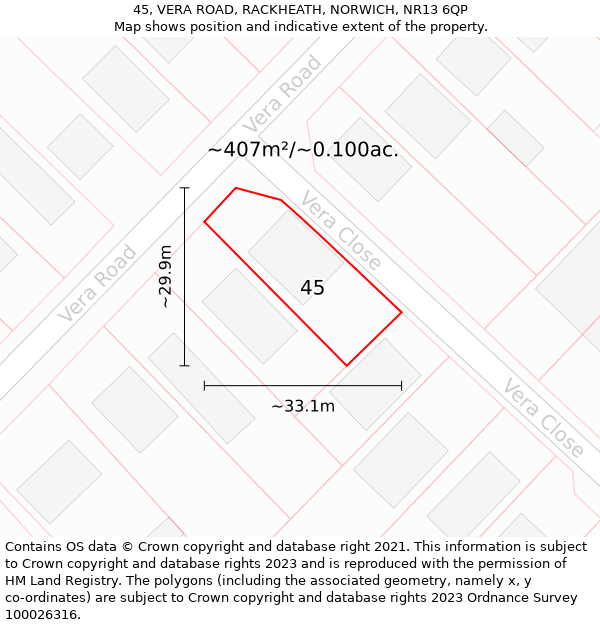 45, VERA ROAD, RACKHEATH, NORWICH, NR13 6QP: Plot and title map