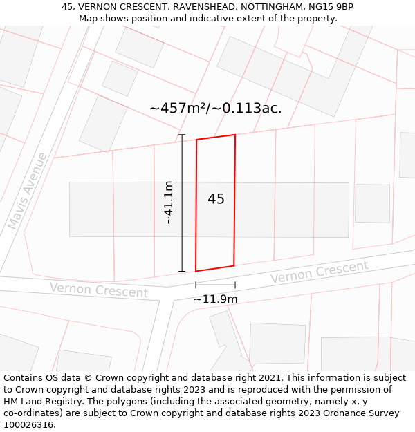 45, VERNON CRESCENT, RAVENSHEAD, NOTTINGHAM, NG15 9BP: Plot and title map