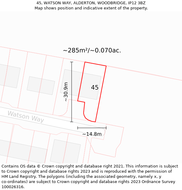 45, WATSON WAY, ALDERTON, WOODBRIDGE, IP12 3BZ: Plot and title map